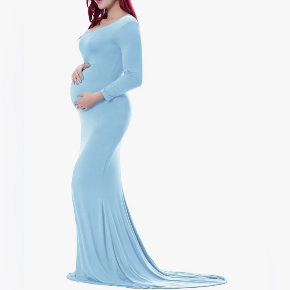 Saslax Maternity Elegant Fitted Ruched Gown Long Sleeve Slim Fit Maxi Dress M